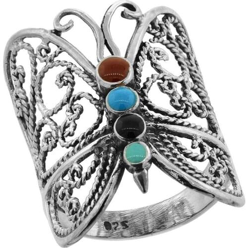 Silver Plated Hollow Butterfly Rings for Women Turquoises Statement Finger Ring Classic Design Boho Party Jewelry Wholesale