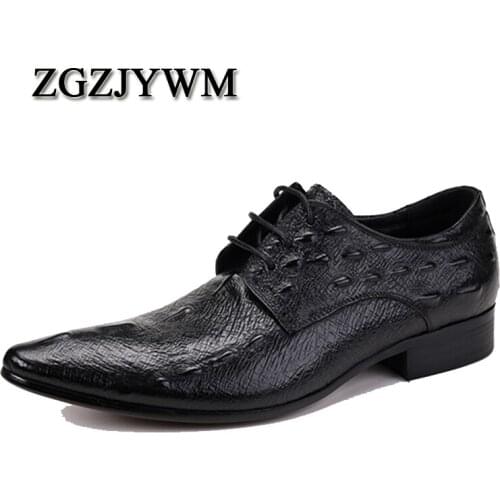 ZGZJYWM Fashion Comfortable Brand Design Mens Crocodile Pattern Genuine Leather Lace-Up Pointed Toe Oxford Casual Brogue Shoes