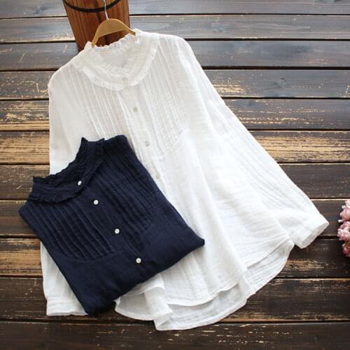8748 New Spring Women Blouse Japan Style Literary Solid Color Stand Collar Pleated Cotton Shirt