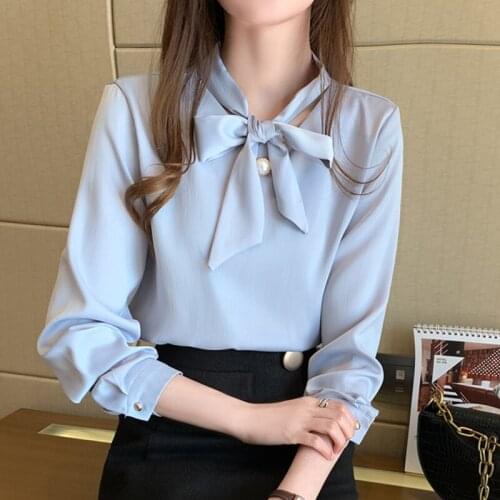 2021 Spring New Office Lady Solid Beading Women Blouse Bow Long Sleeve Shirt Women Plus Size Pullover Ladies Fashion Tops Chic