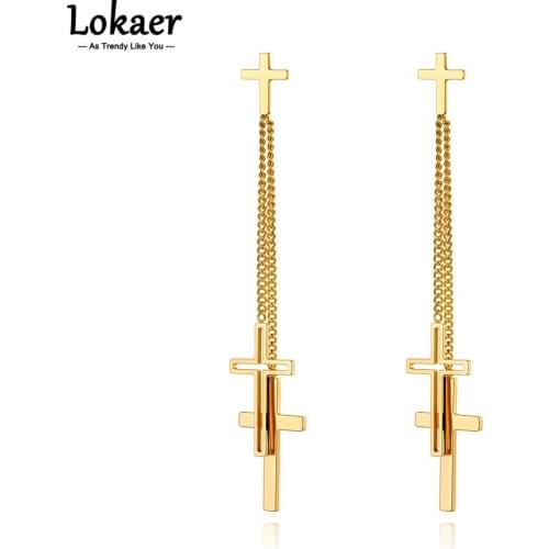 Lokaer 18K Gold Stainless Steel Cross Tassel Drop Earrings Jewelry Fashion Chain Link Dangle Earrings For Women сережки E21115
