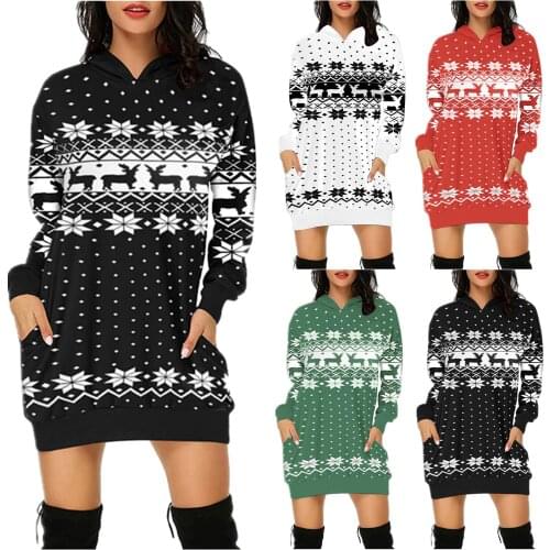 S-3XL Winter Warm Clothes Womens Fashion Christmas Hoodie Bag Hip Pocket Print Hoodie Fashion Dress Xmas Jumper Tops robe noel