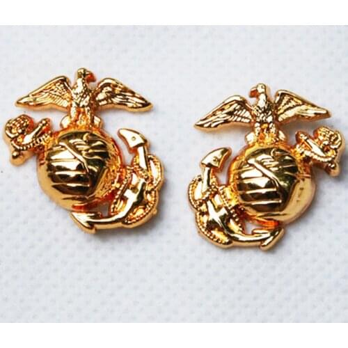 PAIR US USMC MARINE CORPS EMBLEM INSIGNIA COLLAR BADGE PIN GOLD
