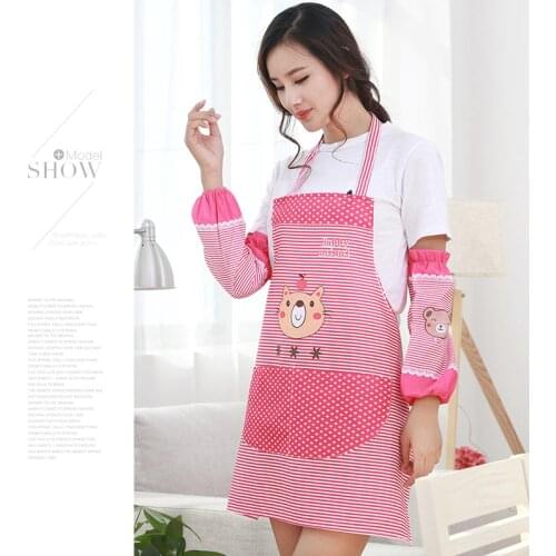 1SET Cute Bib Apron Dress Bear Apron 2 Pocket with Cuff Waterproof Anti-oil Aprons Kitchen Cooking Waist Bib for Women ND 011