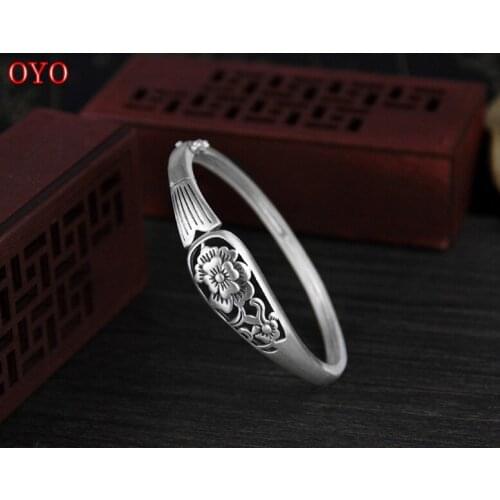 100% S990 Pure Yintai Silver Vintage Art Matte Hollow Fish Bracelet Peony Sterling Silver Wild Bracelet