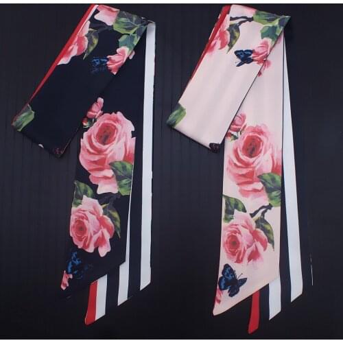 110*7cm 2018 New Design Skinny Women Tie Rose Flower Print Women Silk Scarf Fashion Belt Brand Handbag Small Long scarves