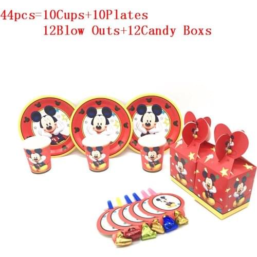 44Pcs/Lot Hot Disney Cartoon Red Mickey Mouse Kids Girl Birthday Paper Cups+Plates+Blow Out+Candy Boxs Family Party Supplies