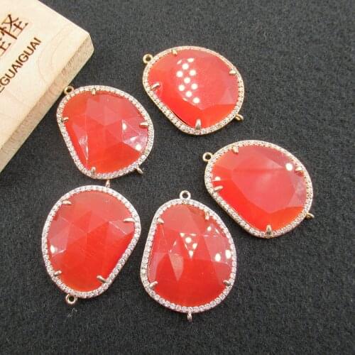 APDGG Wholesale 5 pcs Orange Crystal Cubic Zircon Pave Connector Double Ring Jewelry Finding