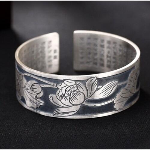 Solid 999 sterling Silver Carved Lotus flower Heart Sutra Vintage bracelet bangle cuff perfect gift Women Jewelry A2347