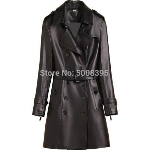 [ElfStyle] - Black Lambskin Genuine Leather Short Trench Coat Double Breasted Shoulder Tab Waist Belted Fashion Trench