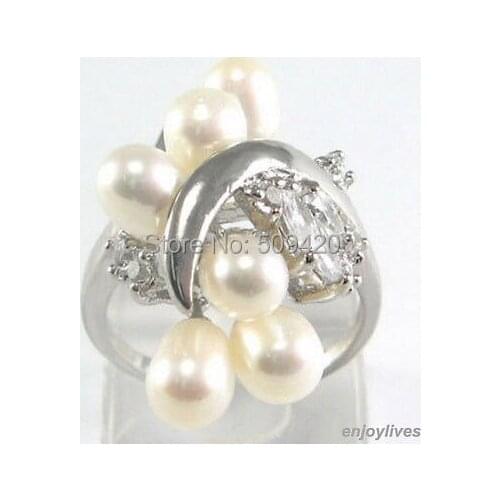 Genuine White 6 Pearl White - Crystal Flower Ring Size: 7.8.9