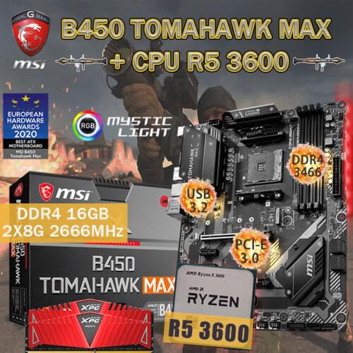 AM4 MSI B450 TOMAHAWK MAX Motherboard + CPU AMD Ryzen 5 3600+ RAM DDR4 16Gb 2666MHz Set M.2 PCI-E 3.0 Placa-mãe Desktop AMD B450