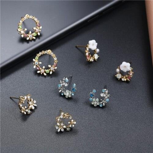 Korean style sweet colorful wreath circle earrings elegant fresh girl colored diamond petal earrings earrings woman Jewelry