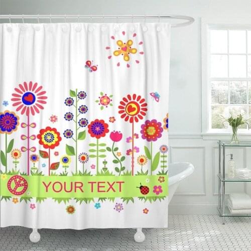 Colorful Power Greeting Border Funny Abstract Flowers Back Party Shower Curtain Waterproof Polyester 72 x 78 inches Set