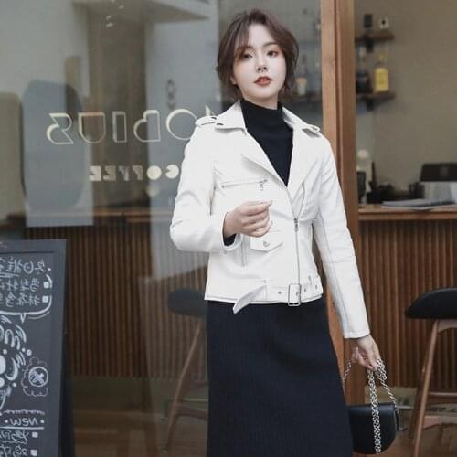 Spring Autumn Women Faux Leather Jacket Slim Streetwear Black Leather Coat Biker Moto Jacket with Belt Female Casual Outerwear