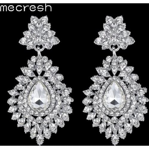 Mecresh Silver Color Crystal Wedding Bridal Drop Earrings for Women Big Teardrop Long Earrings Brides Engagement Jewelry MEH916