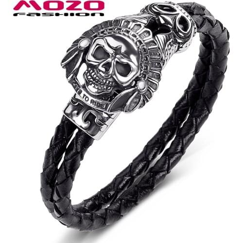 Fashion Bangle Men Jewelry Black Double Layer Leather Bracelet Stainless Steel Indian Skull Skeleton Punk Charm Bracelet PS1021