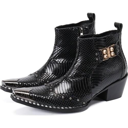 Metal Pointed Toe Leather Boots Men Rhinestone Bordered Motorcycle Boots Fashion Rivet Mens Cowboy Boot Styles Handmade Big Size