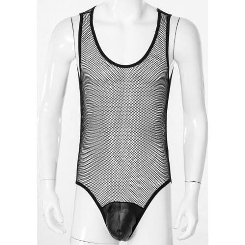 Men See-Through Hollow Out Mesh Swimming Bodysuit Faux Leather Bulge Pouch Leotard Sleeveless Wrestling Singlet Playsuit Bikini