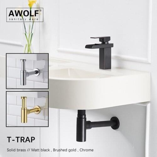 Wall Mounted Waste T Trap Solid Brass Pop up Drain For Basin Sinks Matt Black Brushed Gold Chrome Color AH6168