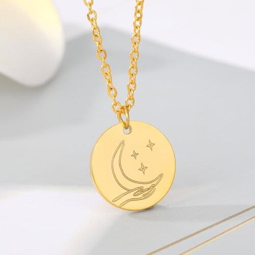 Sacred Mystic Symbol Necklaces For Women Men Gold Silver Color Stainless Steel Moon Star Sign Round Pendant Necklace Jewelry