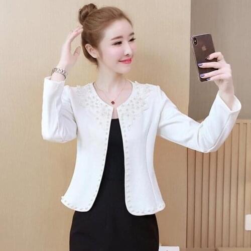 Large Size Coat Women Cardigan New 2021 Small Coats Women Jacket Spring Autumn Short Slim Beaded Jackets Female Black White