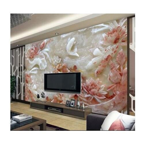 Custom photo wallpaper 3d murals wallpaper Seamless 3 d large jade carving mural lotus high-definition TV setting wall reliefs