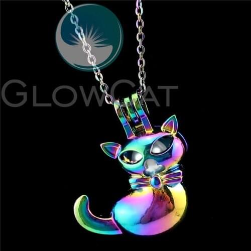 R-C941 Rainbow Tie Cat Beads Cage Pendant Perfume Diffuser Aroma Oyster Pearl Cage Locket Necklace