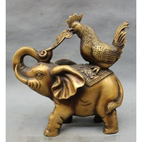 S03353 8" Folk Chinese Bronze RuYi Cock Rooster On Elephant Statue Animals Figurine