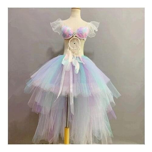 Stage Performance Sexy Costume Pearl Feather Bra Iridescent Long Skirt Outfit Birthday Party DJ Singer 2-Pieces Dance Clothes