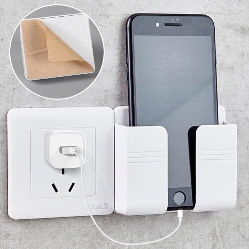 Universal Wall Mounted Cell Phone Storage Box Wall Bracket Smartphone Charging Holder Shelf Support for iPhone Huawei Samsung