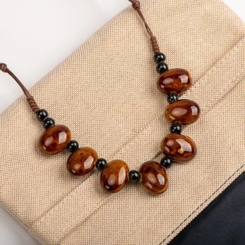 Cobblestone Shape Ceramic bohemia bead necklace Pendant vintage necklaces Classic style Jewelry #GY515