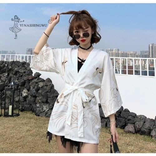 Summer Crane Print Shirt Clothes Women Japanese Kimono Costume Retro Harajuku Haori Coat Chiffon Cardigan Yukata Blouse Clothing
