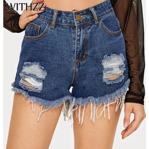 WITHZZ Summer Womens Ripped Hole Jeans Tassel Denim Shorts