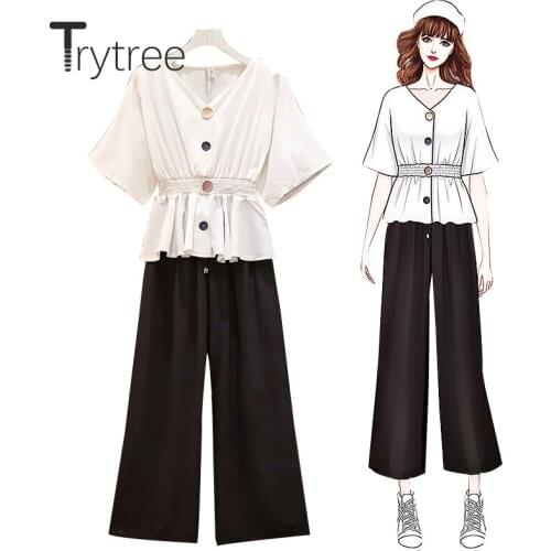 Trytree 2020 Summer Women Casual two piece set V-neck Loose Button Tops + Pants Wide leg pants Solid Drawstring Set 2 Piece Set