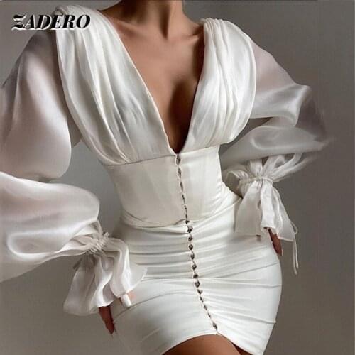 Sexy Satin Women Dress White V-neck Backless Flared Sleeve Lace Bandage Bodycon Mini Dress Elegant Party Club Wraped Robe Summer