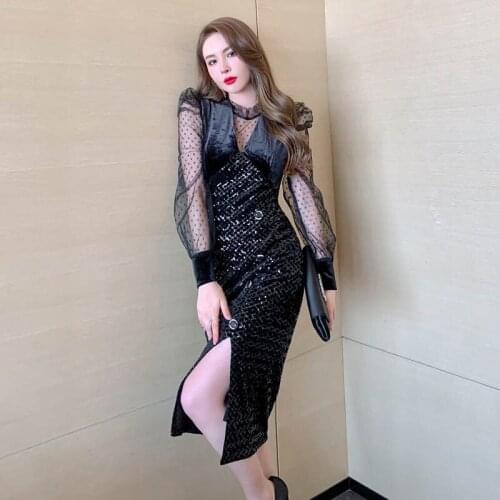 2021 Spring Winter Mesh Patchwork Runway Design Sexy Dress for Women Long Sleeve Black Split Wrap Dress Ladies Polka Dot Dress