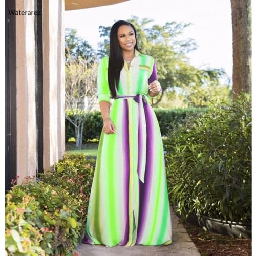 2019 Plus-Size New Women Sexy Turn-Down Collar Half Sleeve Striped Printing Big Swing Long Dress Fashion Casual DressYF1017