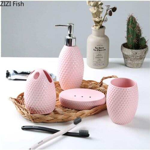 4Pcs/set Ceramic Bathroom Accessory Set Solid Color Washing Tools Bottle Mouthwash Cup Soap Toothbrush Holder Household Articles