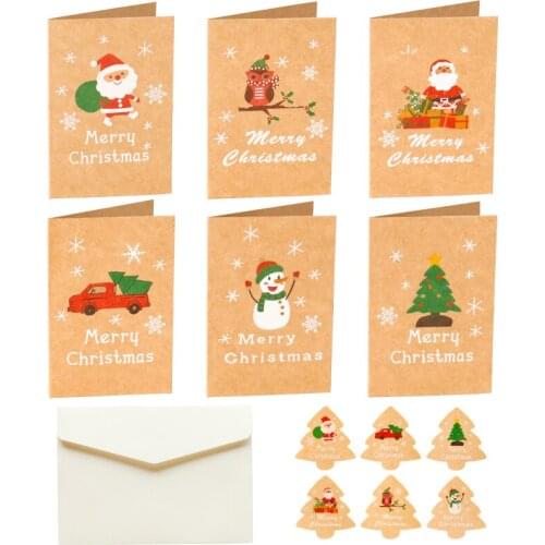 6sets Christmas Kraft Gift Card New Year Xmas Party Invitation Greeting Card with Envelope Sticker Creative DIY Message Postcard