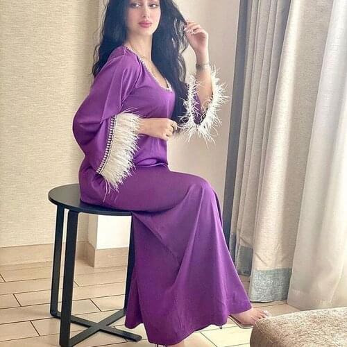 AB061 Purple Women Elegant Maxi Dresses Female Moroccan Robe Clothes 2021 Long Flared Sleeve Ostrich Feather Dubai Party Apparel