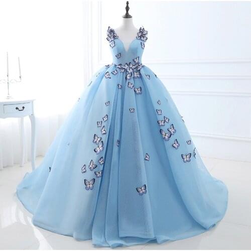 Ball Gown Prom Dresses 2018 Long Light Bule Princess Net Women Dresses V Neckline With Butterfly