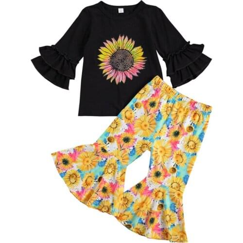 2-7Y Fashion Toddler Kids Baby Girl Sun flower Long Sleeve Casual T shirt Tops Flare Pants 2Pcs Outfits Autumn Clothes
