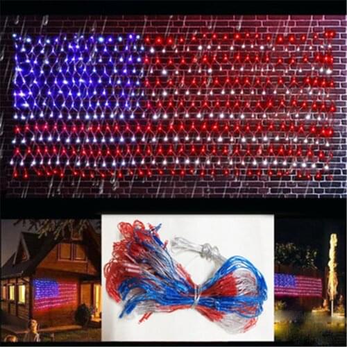 Ip54 American Flag String Lights Outdoor Lighted USA Flag Waterproof Hanging Ornament 8 mode Function Large USA Flag Net Light