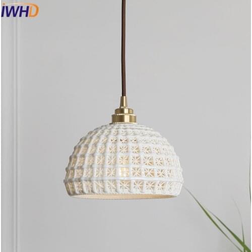 IWHD Nordic Copper LED Pendant Lights Ceramic Lampshade Loft Style Hanglamp Vintage RH Suspension Luminaire Retro Home Lighting