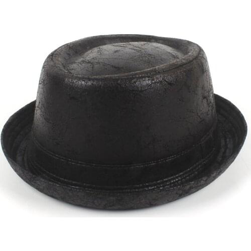 Classic 100% Leather Men Boater Fedora Hat For Dad Flat Pork Pie Hat For Gentleman Bowler Gambler Homburg Big Size 58CM 59CM