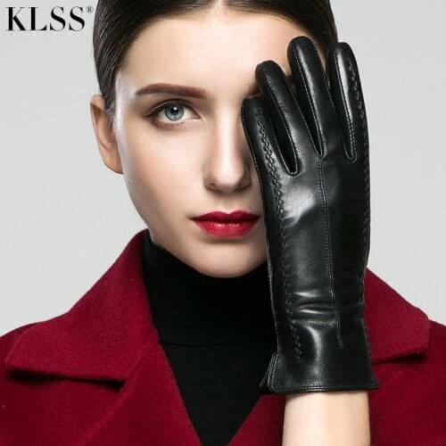 KLSS Brand Genuine Leather Women Gloves Autumn Winter Plus Velvet Fashion Elegant Goatskin Glove Lady Driving Glove 860