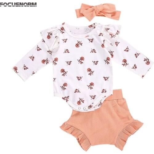 FOCUSNORM Infant Baby Girls Autumn Clothes Sets Flowers Print Long Sleeve Romper Tops Knit Shorts Headband