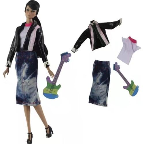 11.5" Leather Jacket Guitar Fashion Outfits Set for Barbie Doll Clothes Coat Shirt Top Jeans Skirt 1/6 BJD Accessories Toys Gift