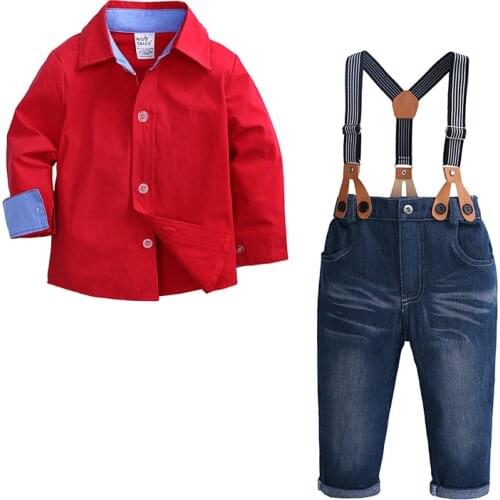 Kid Boy Clothes Set 2PCS Red Shirt Jean Pant Suit Outfit Age 2T-7 Bib Overall Long Sleeve Children Clothing Autumn French Cuff